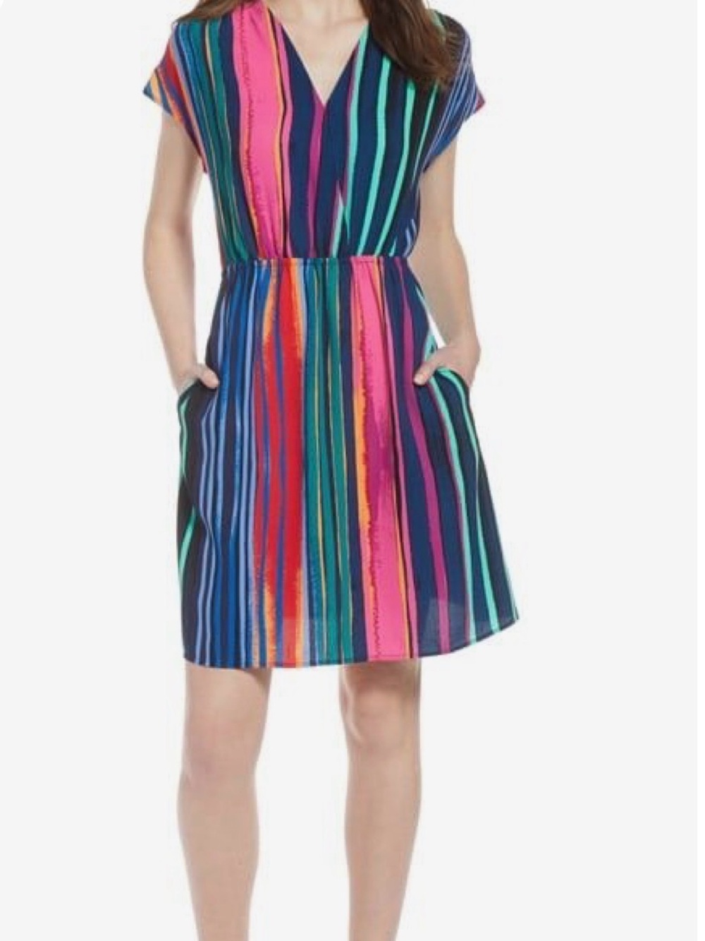 Halogen Multicolored V Neck Elastic Waist Striped Dress with Pockets XS Petite